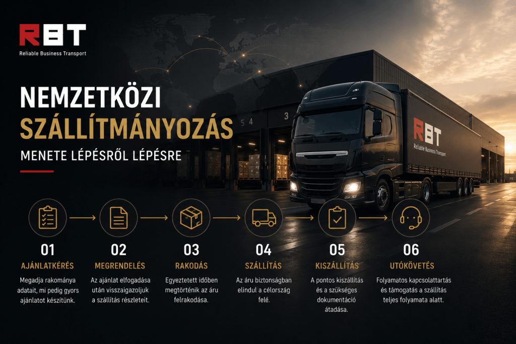 Nemzetközi szállítmányozás folyamata modern kamionnal és logisztikai központtal