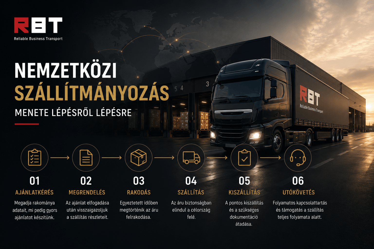 Nemzetközi szállítmányozás folyamata modern kamionnal és logisztikai központtal