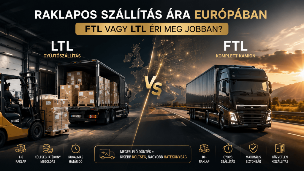 FTL és LTL raklapos szállítás összehasonlítása Európában, gyűjtőszállítás és komplett kamion költség- és hatékonysági különbségei.