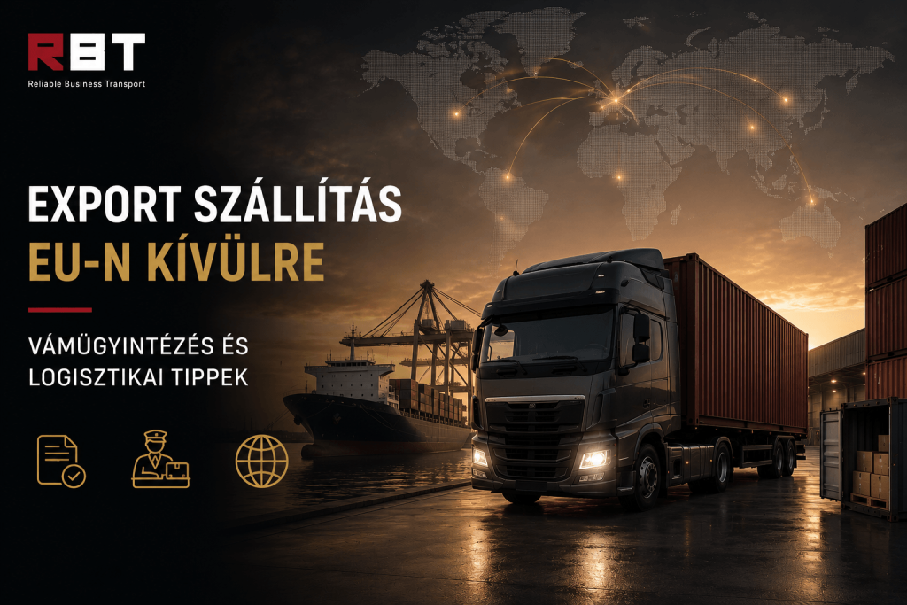Export szállítás EU-n kívüli országokba modern kamionnal, konténerszállítással és vámügyintézési háttérrel